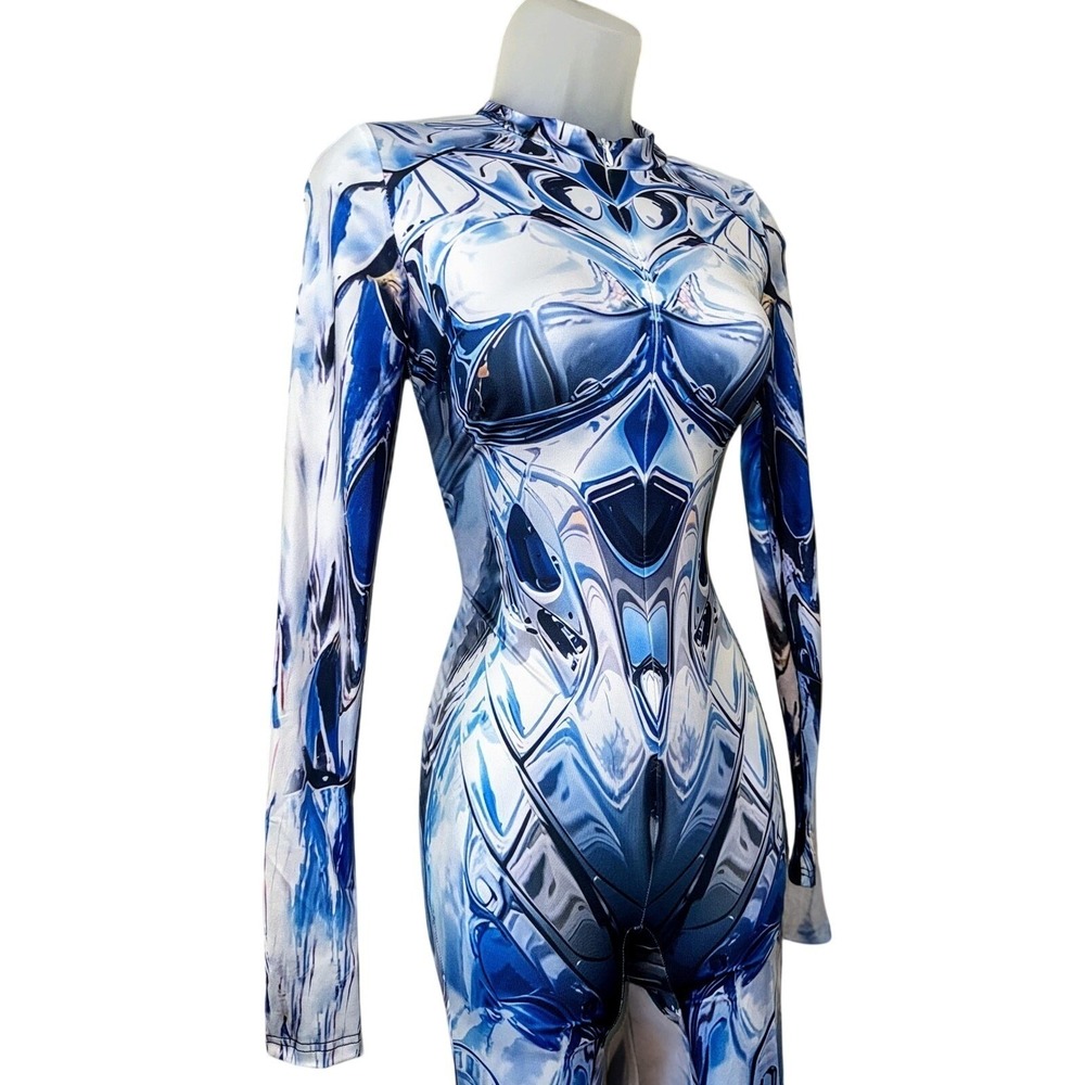 New Large Mirror Spandex Jumpsuit Catsuit Rave Illusion Blue Metallic Futuristic